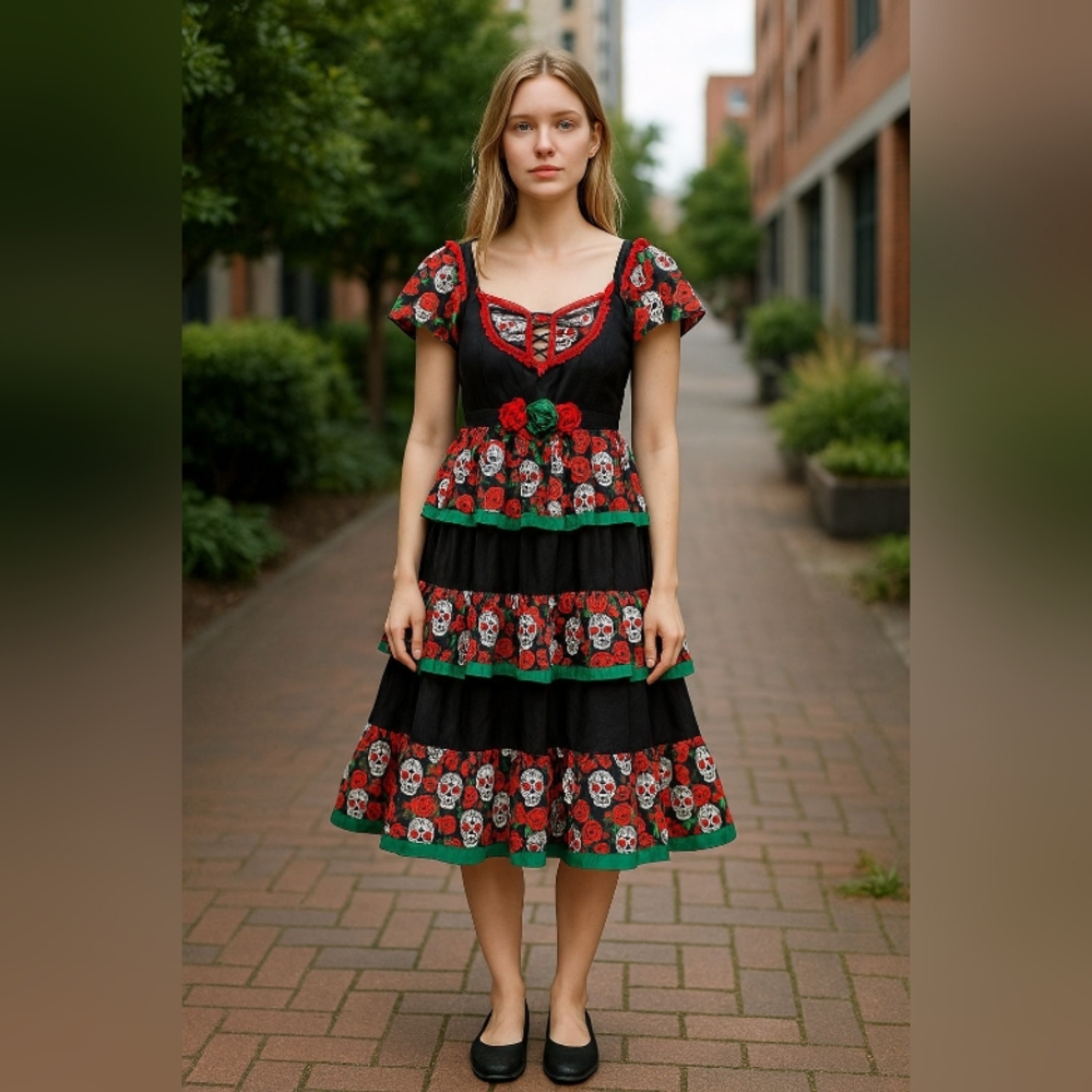 DRESS COSTUME Floral Black and Red Dress SIZE 10-22 LARGE